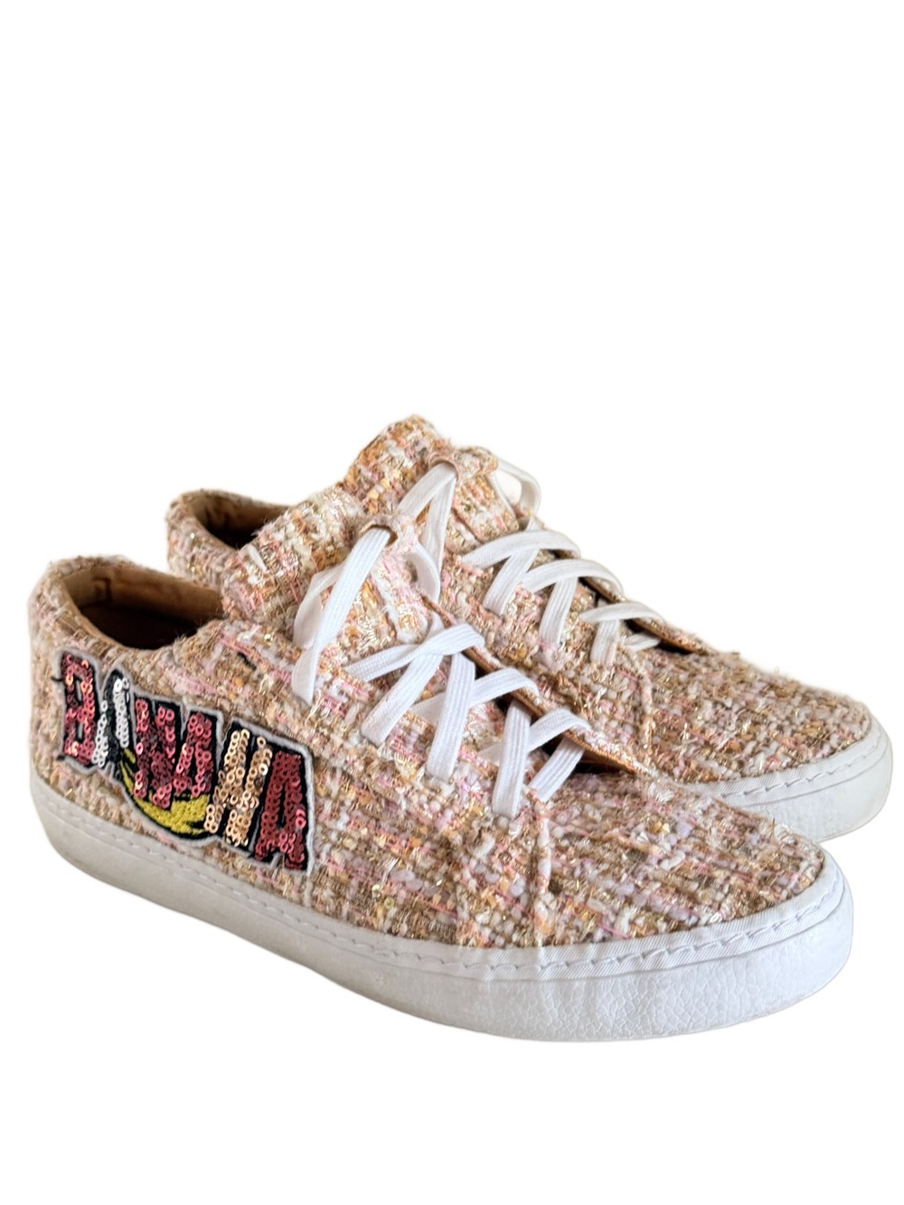 Zara Banana Sequin Tweed Plimsoll Low Top Sneakers Pink Gold Size 6.5 / 37 EUC